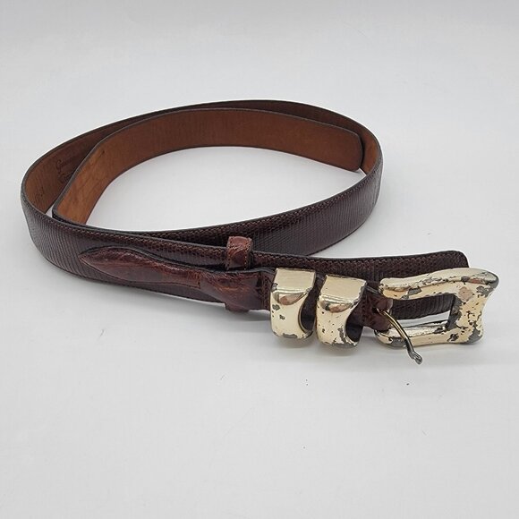 Cale Belt Spain Genuine Lizard & Crocodile 3 Piece Buckle Size 38 Chili Brown - Picture 1 of 12